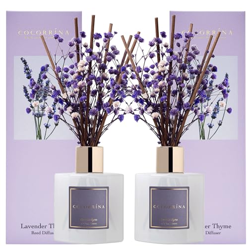 Cocorrína Premium Reed Diffuser Set with Preserved Baby's Breath & Cotton Stick Lavender Thyme 2 Packs, 6.7oz Scent Fragrance Oil Diffuser for Bedroom Bathroom Home Décor - size: 6.7 Ounce/2pack