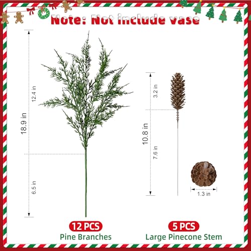 Cedar Stems Artificial Norfolk Pine Branches for Christmas Decor, 12 PCS Fake Pine Stems with 5 PCS Big Pine Cones Branches Realistic Fake Plants Faux Greenery for Vases DIY Garland Xmas Table Indoor - color: 12 Pcs Cedar Stems, 5 Pcs Big Pinecones Stems