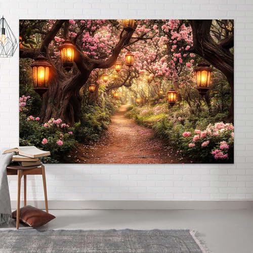 Pink Spring Enchanted Forest Backdrop, Cherry Blossom Road Fairy Tale Wonderland Garden Photography Background for Kids Girls, Baby Shower Birthday Party Decoration Cake Table Photo Booth Props 5X3FT - color: Pink, size: 5X3FT