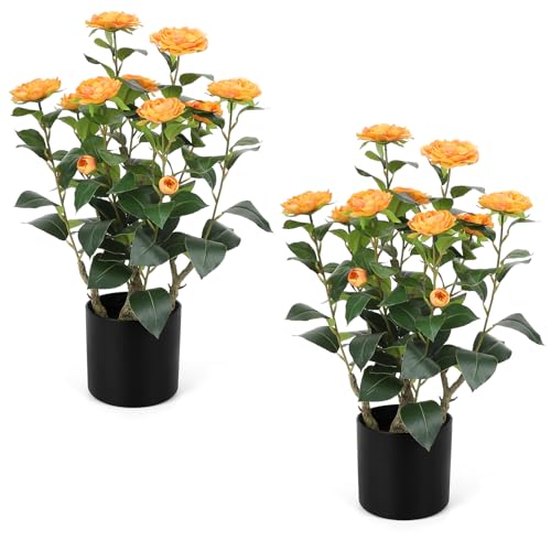 Romantic Season 2FT Orange Artificial Camellia Tree 2Pack, Faux Camellia Plant Fake Potted Camellia Flower Tree for Modern Home Office Living Room Floor Décor - color: Orange, size: 2FT