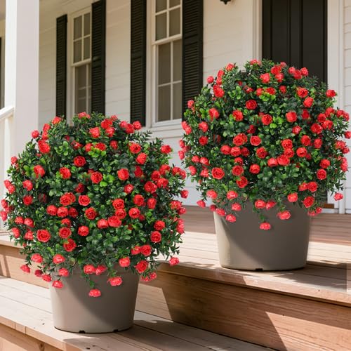 Grooy Artificial Boxwood Topiary Tree with Rose, Set of 2 Artificial Shrub Bushes with Ground Spike, Fake Evergreen Tree for Porch, Artificial Plants for Outdoor Planters Indoor UV Resistant - color: Red Rose