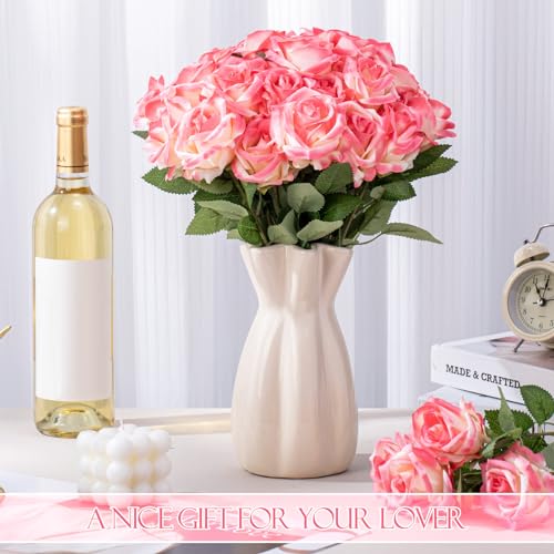 Hotop 80 Pcs Rose Artificial Flowers Bulk with Long Stem, Silk Roses Realistic Fake Flowers Bouquet for Wedding Table Centerpieces Bridal Shower Party Home Decorations(Gradient Pink) - color: Gradient Pink