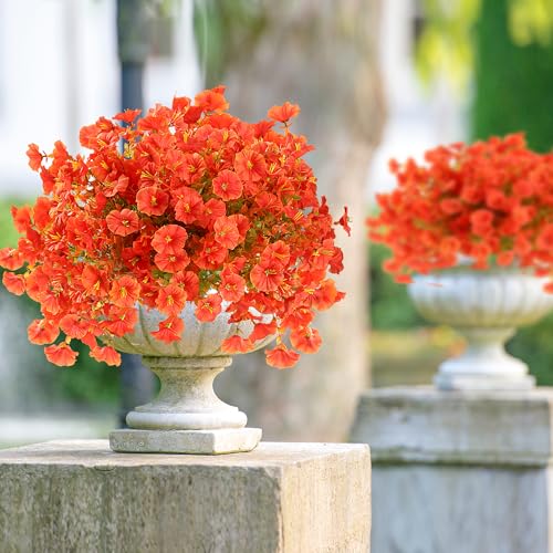 Artificial Flowers for Outdoors 12 Bundles Realistic Faux Plants UV Resistant Fake Silk Morning Glory with Eucalyptus for Front Door Planter Patio Porch Fall Thanksgiving Autumn Decoration (Orange) - color: Orange