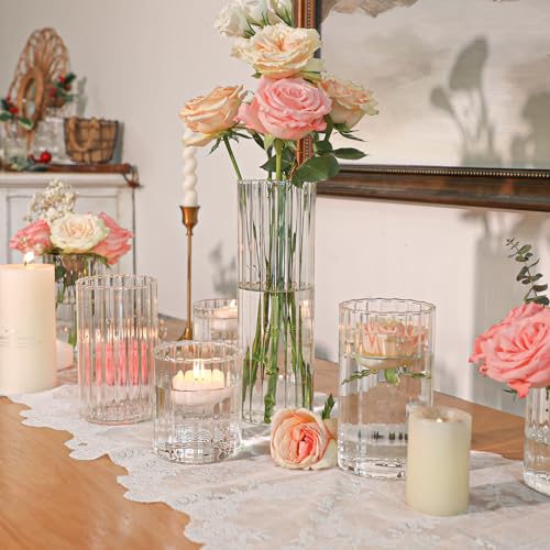 ComSaf Glass Cylinder Vases Pack of 12, Clear Ribbed Bud Vases for Centerpieces Weeding Decoration, 4 inch 6 Inch 10 Inch Tall Clear Flower Vases in Bulk, Hurricane Candle Holder for Party Home Decor - size: 4+6+10 Inch Tall (Assorted)