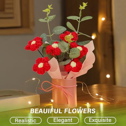 Vynora Crochet Flower Bouquet, Valentine's Day Crochet Bouquet of Flowers, Handmade Knitted Flowers with Card for Anniversary, Birthday, Wedding, Gift for Women (Red) - color: Red