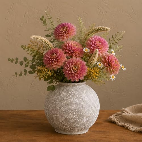 Small Ceramic Flower Vase 5.5 Inches, Farmhouse Round Decorative Vase for Flowers, Rustic Textured Vase, Home Decor for Living Room Shelf Table Centerpiece - color: Gray