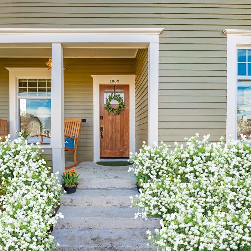 Sggvecsy Artificial Flowers for Outdoors 12 Bundles UV Resistant Boxwood Shrubs Artificial Eucalyptus Fake Plants Faux Plastic Greenery for Farmhouse Garden Home Indoor Outdoor Decoration（White） - color: White, size: 12Pcs