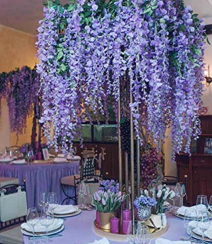 Wisteria Hanging Flowers 24 Pack Artificial Flowers Fake Wisteria Vine Rattan Hanging Garland Silk Flowers String for Party Home Wall Greenery Wedding Decor（Purple） - color: Purple, size: 24 PCS