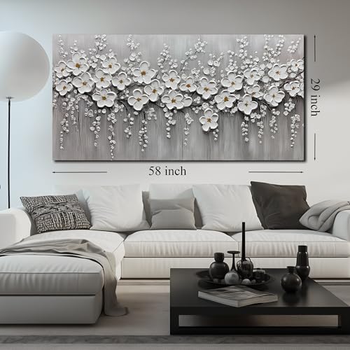 TYTAUPT Large White Flower Picture For Living Room,Floral Painting Wall Art For Dining Room Bedroom Hallway Decor 29 x 58 Inch - color: White Gary, size: 58"L x 29"W