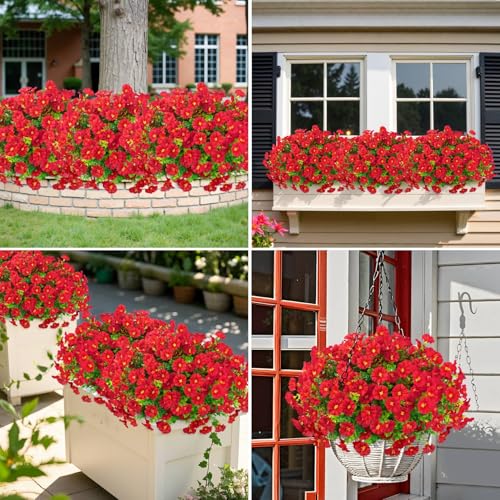 Ouddy Decor 24 Bundles Artificial Flowers for Outdoors Decoration Fake Silk Morning Glory Flowers Faux Eucalyptus Plants UV Resistant for Porch Patio Garden Spring Summer Home Decor, Red - color: Red