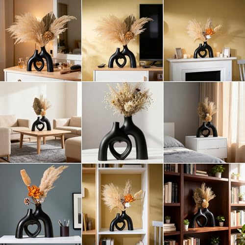 Liotww Hug Donut Ceramic Decorative Vase Set, Snuggle Hollow Modern Nordic Boho Style Vases for Home Decor Living Room Shelf Bookshelf Mantle Entryway Table Console Décor (Matte Black) - color: Heart - Matte Black