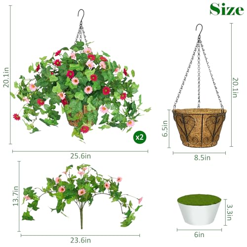 Krissing 2 Pack Artificial Hanging Flowers with Baskets for Outdoors UV Resistant Faux Ivy Plants Greenery Fake Silk Daisy Flowers for Outdside Porch Balcony Summer Home Decor (Rose Red, Pink) - color: Hot Pink+pink, size: 6pcs with 2 baskets
