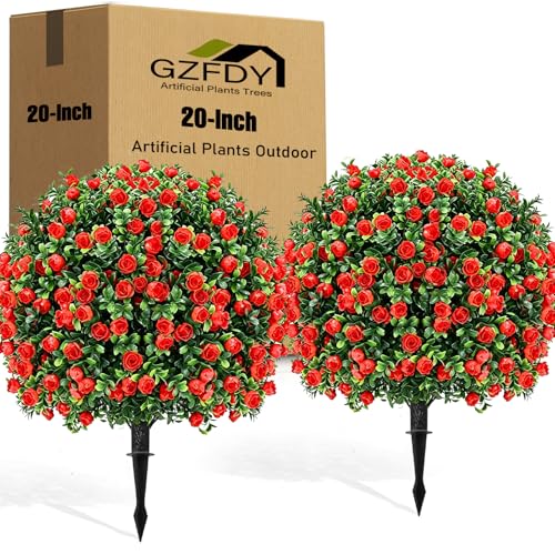 Artificial Red Eucalyptus Topiary Ball Tree (2-Pack) - 20" with Ground Spike for Faux Shrubs, Fake Evergreen Faux Plant for Indoor Outdoor Garden -UV Resistant–Fade-Proof - color: 2pcs-ground Cutting-red Rose