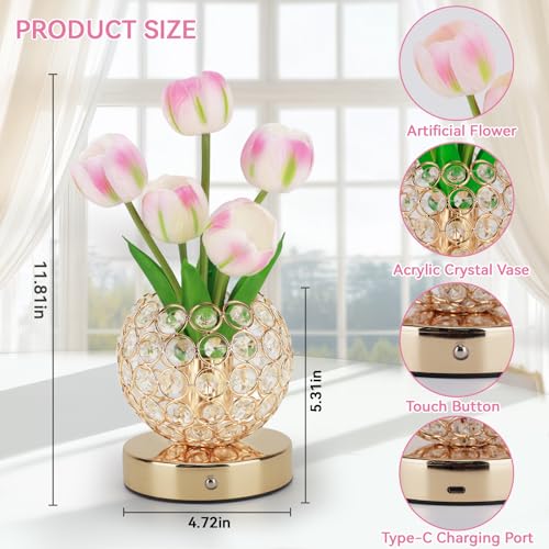 Tulip Flower Lamps, 3 Colors Touch Stepless Dimming Crystal Night Light, Rechargeable Artificial Flower Light, LED Flower with Vase Lamp Romantic Decor for Date Party Home (Tulip1 - Pink) - color: Tulip1 - Pink