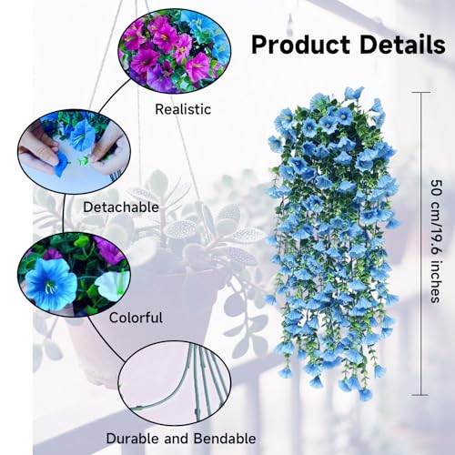 8 Pcs Artificial Hanging Flowers for Outdoors Fake Morning Glory for Home Decoration UV Resistant Mixed Color Greenery and Flowers for Porches Gardens Yard Decor (Cold Color) - color: Cold Color