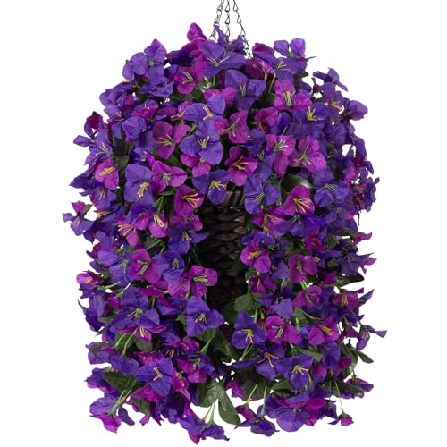 Bougainvillea Artificial Hanging Fake Flowers with Basket for Outdoors Decoration, Faux Silk Flowers UV Resistant Fake Plants Long Vines Realistic for Outside Front Door Porch, Dark Purple Fuchsia - color: Dark Purple Fuchsia