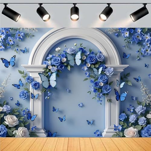 Blue Flowers Butterfly White Arched Doorway Backdrops Light Blue Background Rose and Green Leaves Wedding Photography Backdrop Bridal Shower Wedding Anniversary Decorations Backdrop (A, 9 * 6feet) - color: A, size: 9*6feet