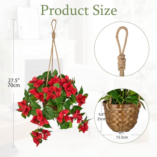 Briful Fake Hanging Basket Flowers, 27.5in Faux Red Bougainvillea Flowers in Woven Rattan Planter with Cascading Vines for Home Garden Balcony Outdoor Porch Decor - color: Red