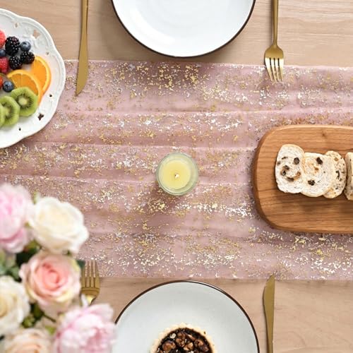 Artoid Mode Gold Gauze Pink Table Runner 120 Inch 10FT, Glitter Metallic Foil Sheer Dining Wedding Anniversary Holiday Birthday Table Decor for Home Party - color: Pink Gold, size: 28" x 120"