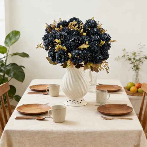 18 Heads Blue Black Artificial Chrysanthemum Flowers Fake Mums Blue Black Kiku Gothic Flowers Bouquet Silk Chrysanthemums for Indoor Outdoor Table Centerpiece Vase Pots Decoration, 2 Pcs - color: Blue Black Chrysanthemum