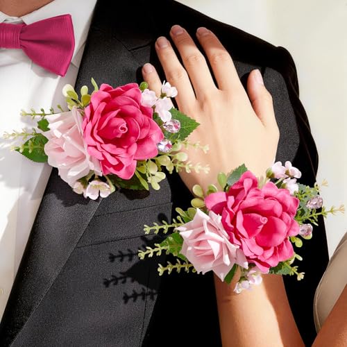 Rose Hot Pink Corsage and Boutonniere Set for Wedding Prom(Set of 2),Artificial Flower Wrist Corsage Bracelets for Women Homecoming,Boutonniere for Men Suit Decorations Party Anniversary - color: Hot Pink, size: 1 Corsage & 1 Boutonniere