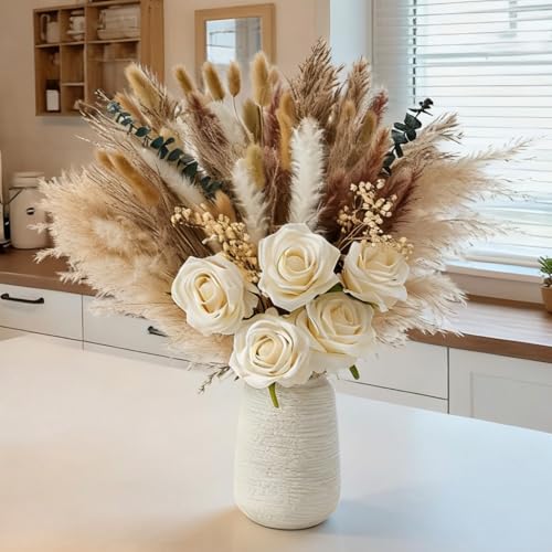 100pcs Dried Pampas Grass with Vase, Includes Artificial Silk Roses, Boho Natural Dried Flowers for Coffee Table Dining Room Home Decor Centerpiece, Farmhouse Rustic Floral Decoration for Living Room