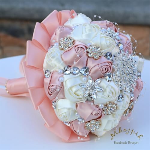 8.7" Pink Champagne & Ivory Bridal Wedding Bouquet Round Holding Bouquet Throw Toss Artificial Rose Flower Bunch for Bride Bridesmaid Wedding Quinceanera - color: Pink Champagne & Ivory, size: Medium (Dia. 8.7"/22cm)