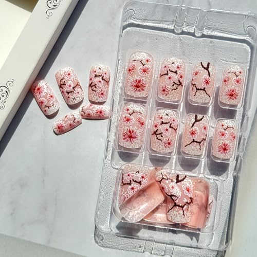 24Pcs Pink Flower Press on Nails Short Square Fake Nails Cherry Blossom False Nails with White Snowflake Design Full Cover Artificial Glue on Nails Spring Stick on Nails Cute Nail Supplies for Women