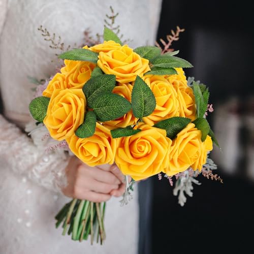 50 Pcs Artificial Foam Rose Flower Faux Bouquet Wedding Fake Rose Gift for Mother's Day Women DIY Bridal Shower Party Table Birthday Home Spring Decor (Yellow) - color: Yellow
