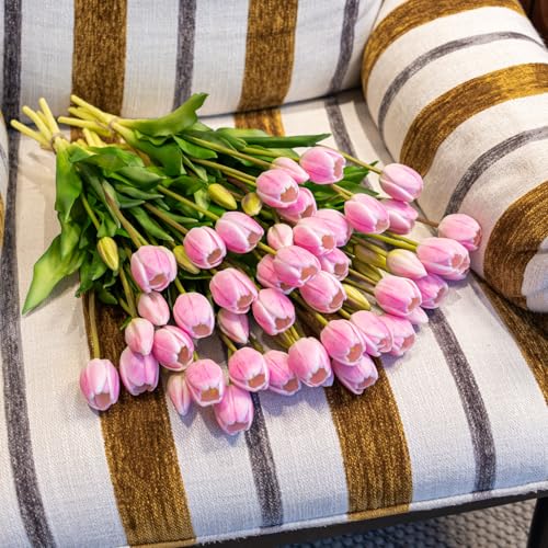 Artificial Tulips Flowers,Soft Touch Latex Bouquet, Fake Tulips,Spring Wedding Home Room Table Centerpiece Decor - color: 60pcs Baby Pink Set(no Vase)