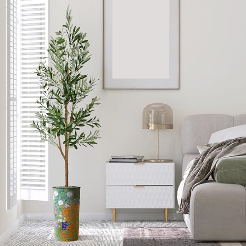 Artificial Tree in Colorful Flower Pattern Planter, Fake Olive Silk Tree for Indoor and Outdoor Home Decoration - 68" Overall Tall (Plant Pot Plus Tree) - style: Olive Tree