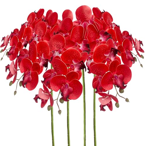 Artificial Phalaenopsis 4 Pcs Artificial Flowers Artificial Orchid Flowers Stem Fake Plants for Décor (Red Spot) - color: Red Spot