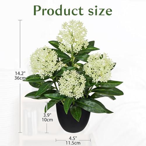 Briful Artificial Potted Flowers, 14.2in Realistic Faux Skimmia Japonica Flowers with Berries Silk Floral Centerpiece for Home Office Bathroom Kitchen Shelf Table Decor, White - color: White