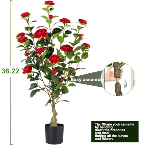 Artificial Camellia Tree 2 Pack, 3FT Faux Camellia Plant in Pot, 36 inch Fake Potted Camellia Flower Tree Plastic Camellia Tree for Modern Home Office Christmas Living Room Floor Decor Indoor, Red - style: C-Camellias (36 inch-Red)