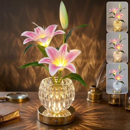 Lily Flower Lamps, 3 Colors Touch Stepless Dimming Glass Night Light, Rechargeable Artificial Flower Light, LED Flower with Vase Lamp Romantic Decor for Date Party Home (Pink - Lily) - color: Pink - Lily