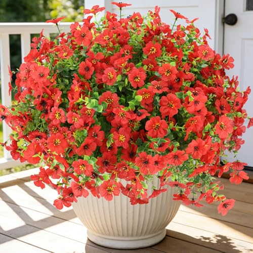 24 Bundles Artificial Flowers for Outdoors, UV Resistant Faux Flowers for Outdoor Planters, Fake Flowers for Outside Porch Patio Window Box, Mixed Color Daisy Bushes for Garden Decor(Red) - color: Red