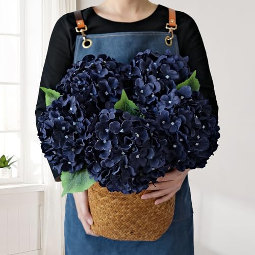 JINWOE Dark Navy Blue Silk Hydrangea,5Pcs 20Inch Full Large Artificial Flower Heads with Stems Fake Hydrangeas Flowers for DIY Wedding Centerpiece Home Decor - color: Dark Blue