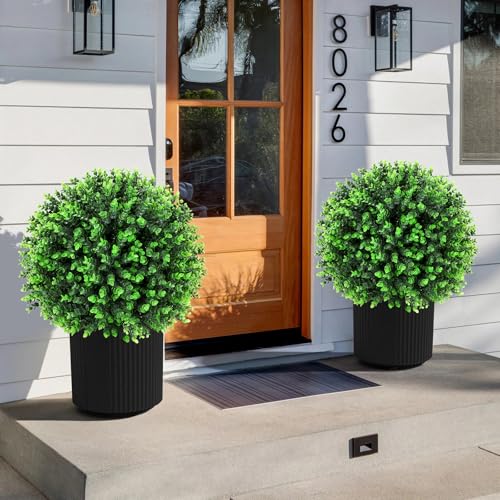 Artificial Green Eucalyptus Topiary Ball Tree 24" with Ground Spike, Set of 2 Artificial Boxwood Bushes for Faux Shrubs, Fake Evergreen Faux Plant for Indoor Outdoor Garden -UV Resistant–Fade-Proof - color: Green Eucalyptus
