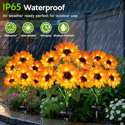 Solar Sunflower Lights Outdoor Garden Decor, 4 Pack Solar Flowers Lights with 18 Sunflowers, Waterproof Fall Decor Stake Decorative Light Auto ON/Off for Garden Yard Patio, Gift for Women - color: Warm White, size: 6 in 1 Sunflower-4 Pack