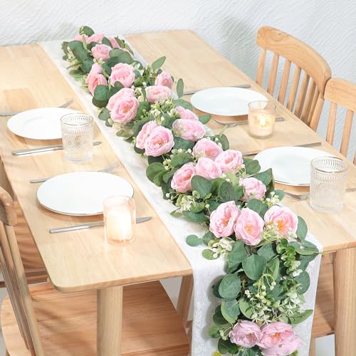 TOCHGREEN 2 Pack 13Ft Artificial Eucalyptus Flower Garland with Pink Roses, Fake Rose Flower Greenery Garland Floral Vines for Wedding Home Party Table Runner Decor (4PCS, Pink) - color: Pink, size: 4PCS