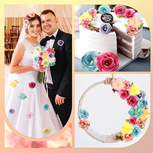 Hanaive 80 Pcs Mini Silk Flower Heads Small Fake Peony Daisy Rose Plum Blossom Bulk Artificial 3D Fabric Flower Heads Bulk for DIY Wedding Hair Dresses Crafts Decoration(Bright Color) - color: Bright Color