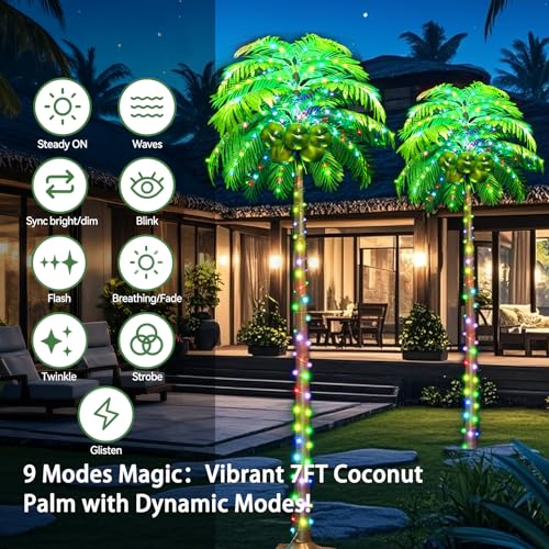 Ledido 7FT Lighted Palm Trees for Outside Patio, 35 Colors Changing Light Up Palm Trees Outdoor with Remote, Led Artificial Tree with Coconuts for Poolside Tiki Bar Yard Tropical Party Indoor Decor - color: Color Changing, size: 7ft