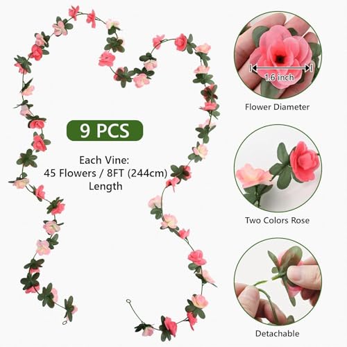 Sherika 9 Pcs 72FT Artificial Flower Garland, Fake Pink Roses Vines Hanging Silk Flowers Faux Floral Garland for Wedding Arch Room Wall Backdrop Bedroom Centerpieces Mothers Day Decorations - color: Pink