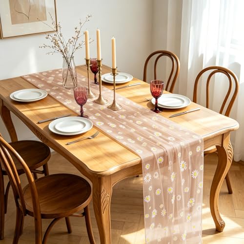 Daisy Gauze Table Runner 120 Inch 10FT, Floral Flower Tulle Table Runner Seasonal Kitchen Dining Table Decorations for Party Wedding Christmas Holiday Birthday (Pink) - color: Pink