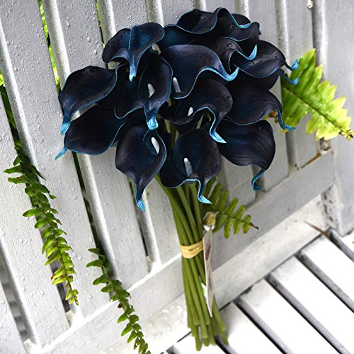 FiveSeasonStuff Real Touch Calla Lily Artificial Flowers Wedding Bridal Bouquet | Floral Arrangements | 15 Calla Lilies (Night Blue) - color: Night Blue