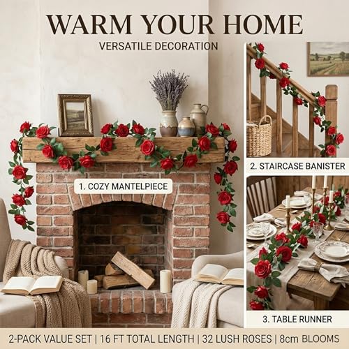 2 Pack 16FT Artificial Rose Garland Vine - Silk Fake Red Rose Flower Hanging Vine for Wedding Arch Home Wall Decor Valentine's Day Mother's Day Derby Day Party Decoration - color: Red