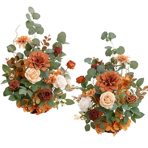 Ling's moment 17.5" Tall Standing Artificial Flowers Arrangements 2 pcs Wedding Aisle Runner Chair Decorations Terracotta & Burnt Orange Centerpieces for Ceremony Reception Rose Floral Party Outdoor - color: Terracotta & Burnt Orange