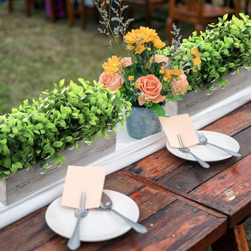 Lyrow 2 Pack 16 '' Artificial Eucalyptus Plants in Rectangular Rustic Wooden Planter Box Faux Potted Herb Plant Greenery Centerpiece for Cabinet Windowsill Table Shelf Wedding Decor (Whitewashed) - color: White, size: 16 ''