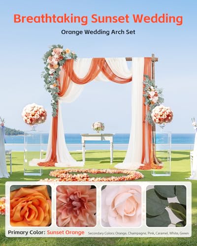 VEVOR Artificial Wedding Arch Flowers Kit, Orange Wedding Arch Flowers with Drapes Kit (Pack of 5) - 2 Pcs Floral Arrangement, 3 Pcs Sheer Drapes, for Ceremony Bouquets Reception Backdrop Decoration - color: Terracotta, size: 5 Pcs