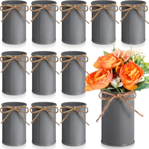 Rustic Vase for Table Centerpieces 4.33 Inch Small Petite Flower Vase with Twine Bow Vintage Farmhouse Decor for Wedding Reception Dining, Home Galvanized Metal Buckets(Gray,12 Pcs) - color: Gray